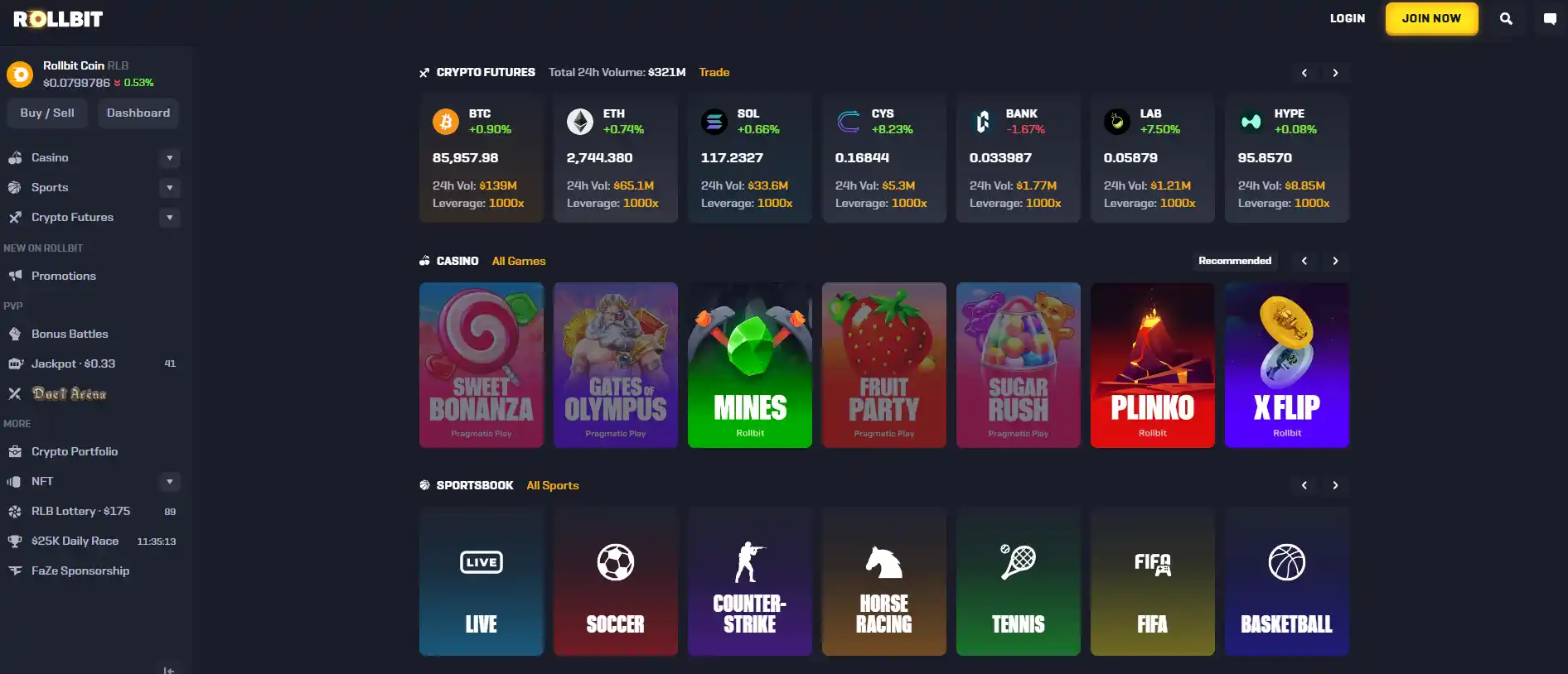Rollbit casino lobby with brand header, navigation and game catalogue